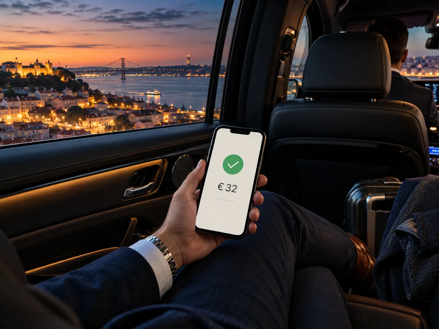 Passenger in the rear seat of a private car at dusk showing a confirmed fixed fare of €32 on his phone, with the Lisbon skyline and 25 de Abril Bridge through the window