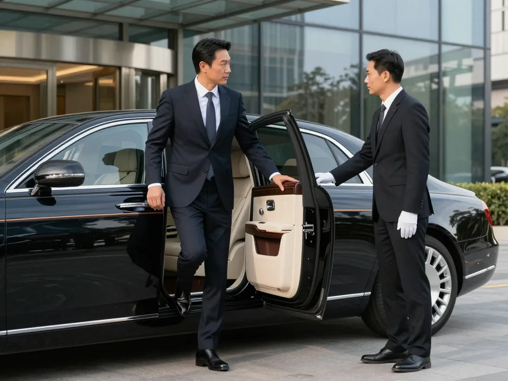 Chauffeur in white gloves holding open the rear door of a black sedan
